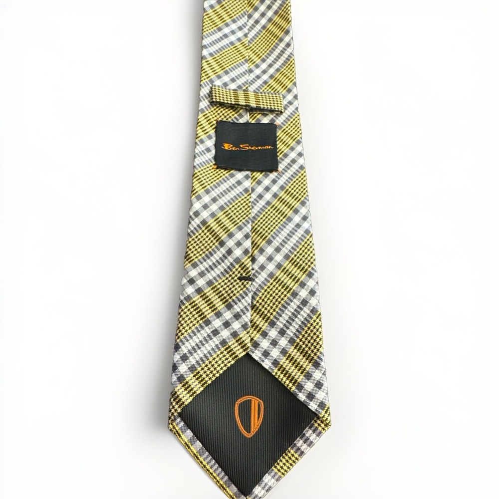 BEN SHERMAN DRESS SUIT DESIGNER NECKTIE TIE SILK YELLOW AND GRAY PLAID‎